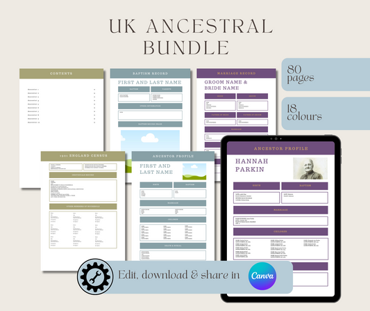 UK Ancestry Record Template Bundle for Family History Organisation (CANVA)