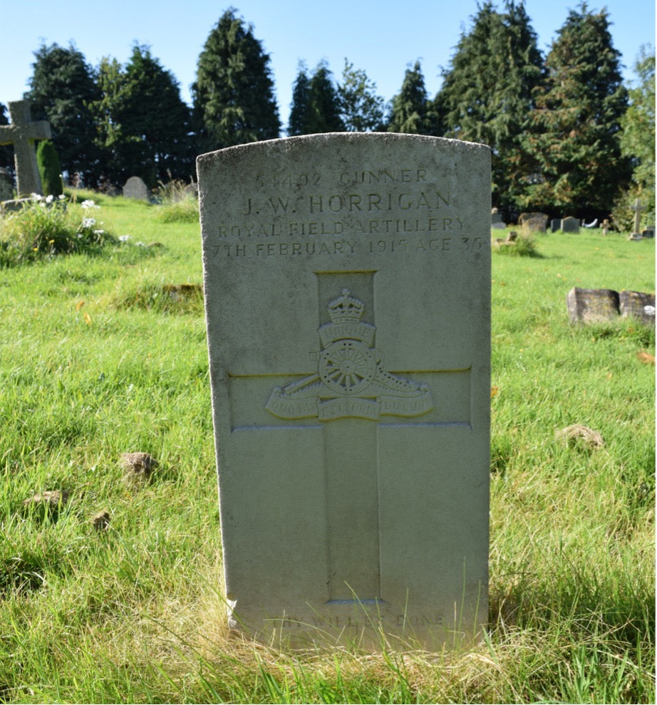 Military gravestone of James William Horrigan in Wardour, Wiltshire who died in 1915.