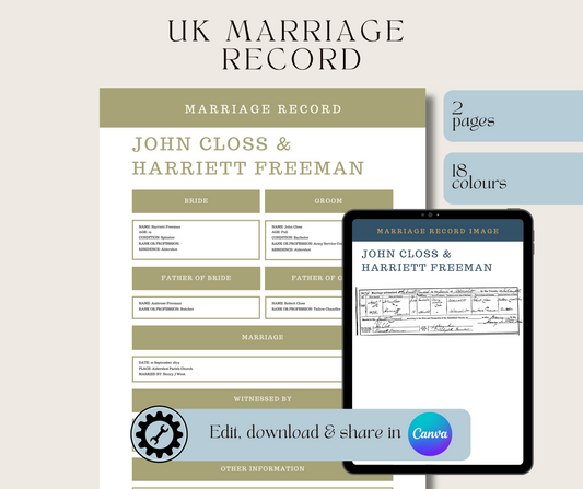UK Marriage Record Template for Family History Organisation (CANVA)