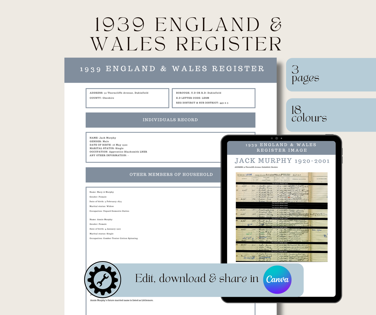 1939 England & Wales Register Record Template for Family History Organisation (CANVA)
