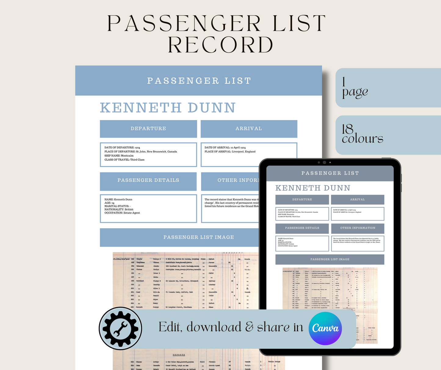 Passenger List Record Template for Family History Organisation (CANVA)