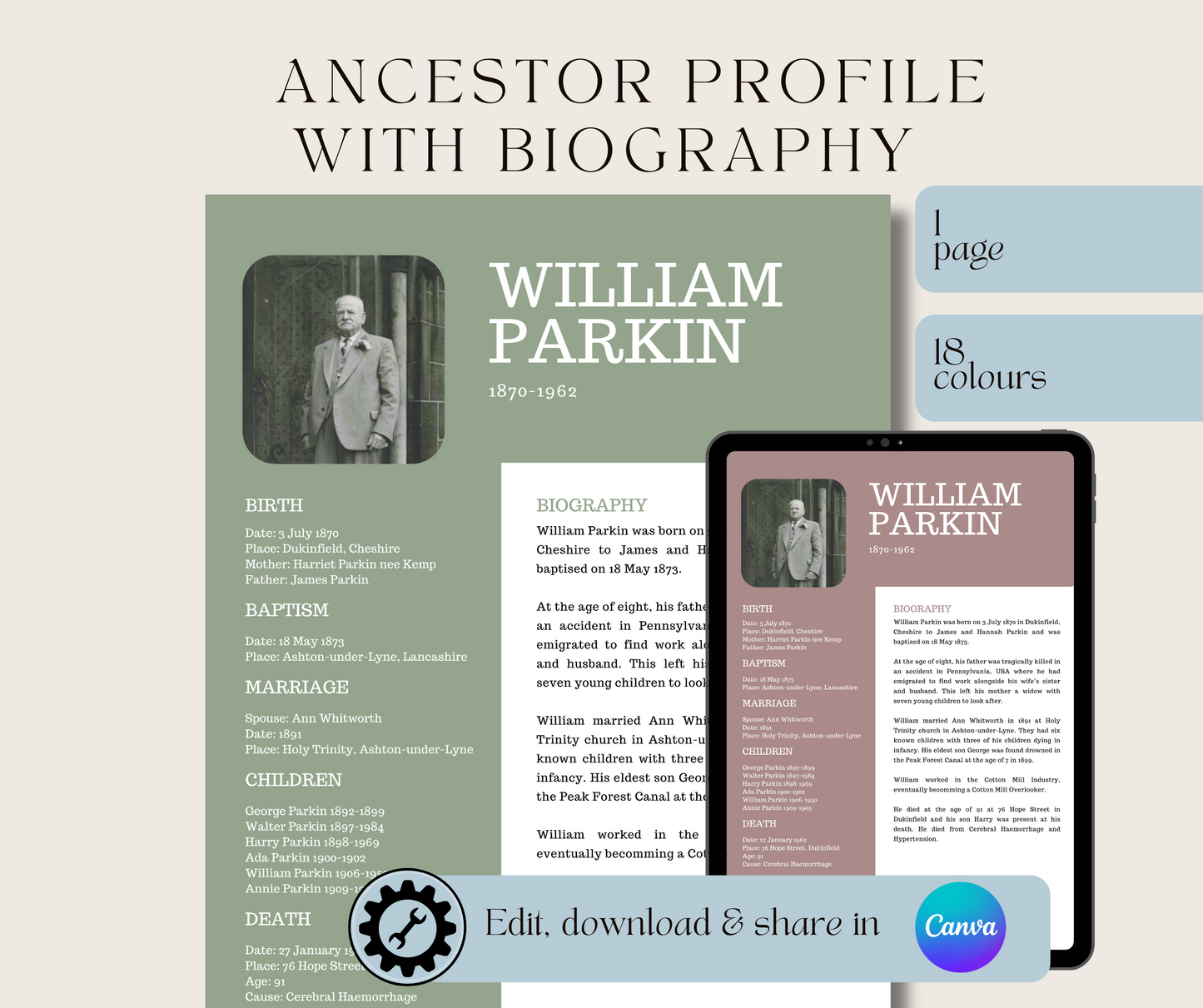 Ancestor Profile with Biography Template for Family History Organisation (CANVA)