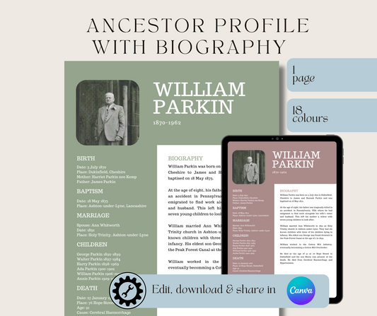 Ancestor Profile with Biography Template for Family History Organisation (CANVA)