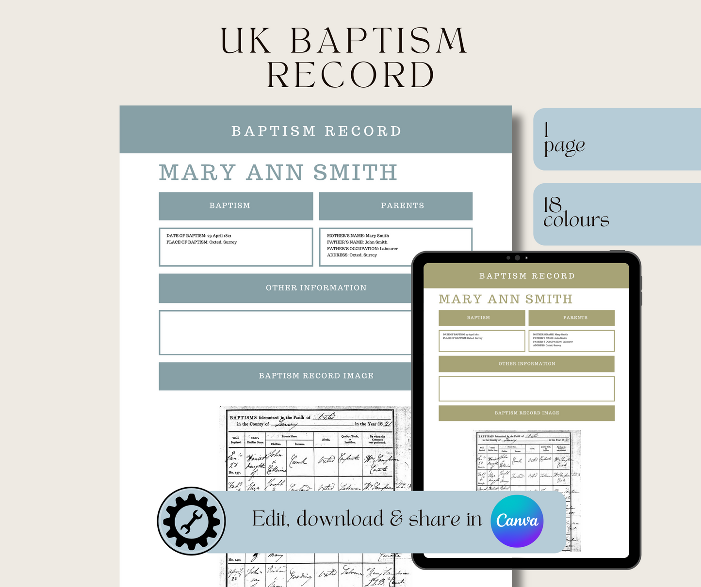 UK Baptism Record Template for Family History Organisation (CANVA)