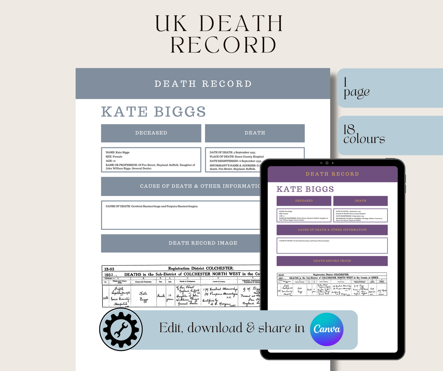 UK Death Record Template for Family History Organisation (CANVA)