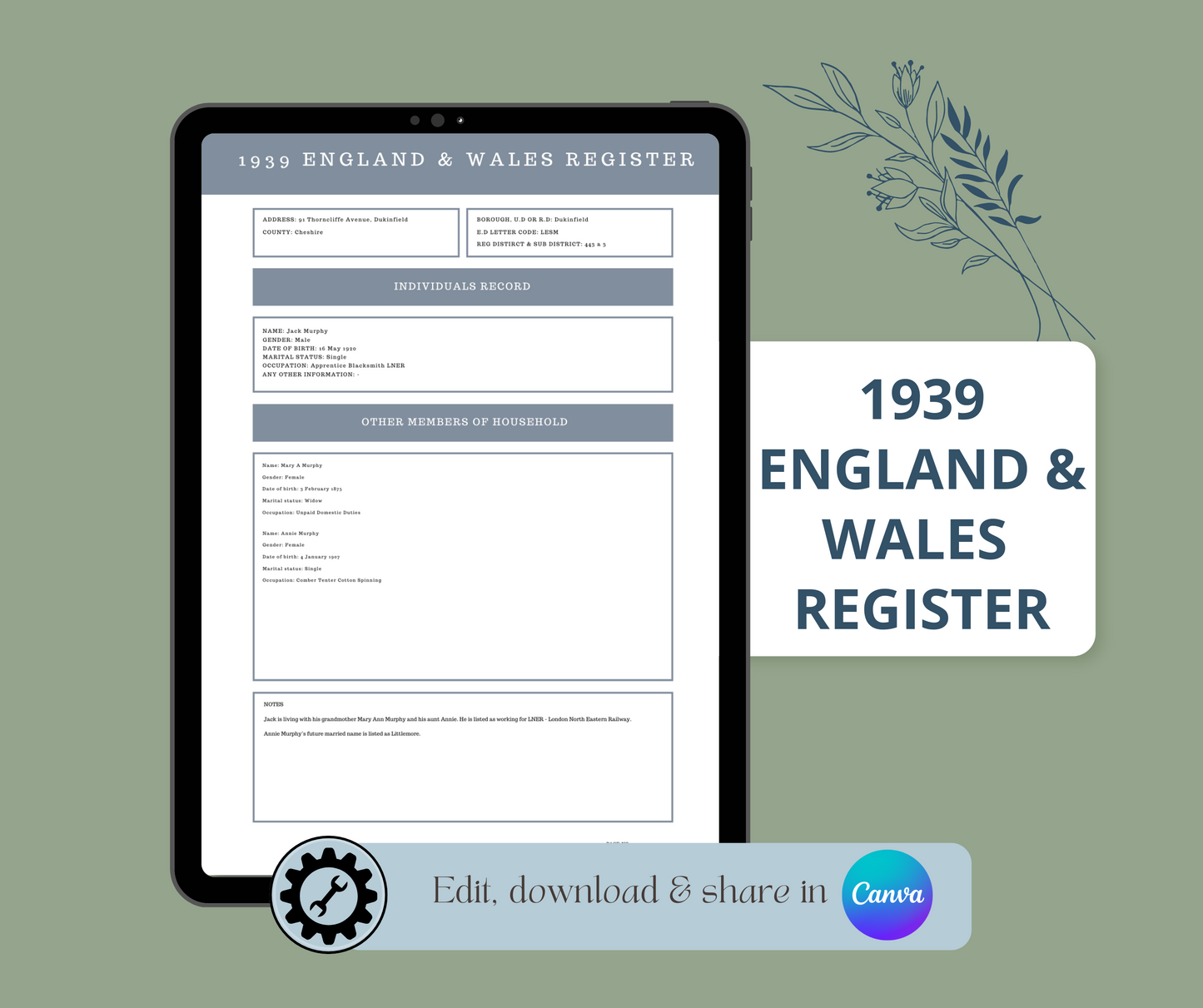 1939 England & Wales Register Record Template for Family History Organisation (CANVA)