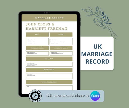 UK Marriage Record Template for Family History Organisation (CANVA)