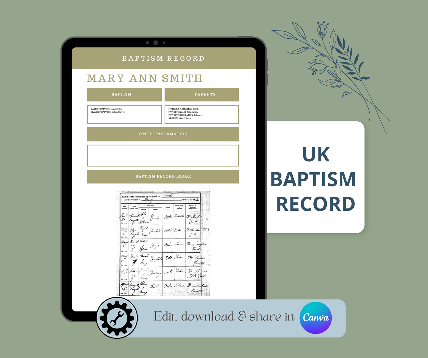 UK Baptism Record Template for Family History Organisation (CANVA)