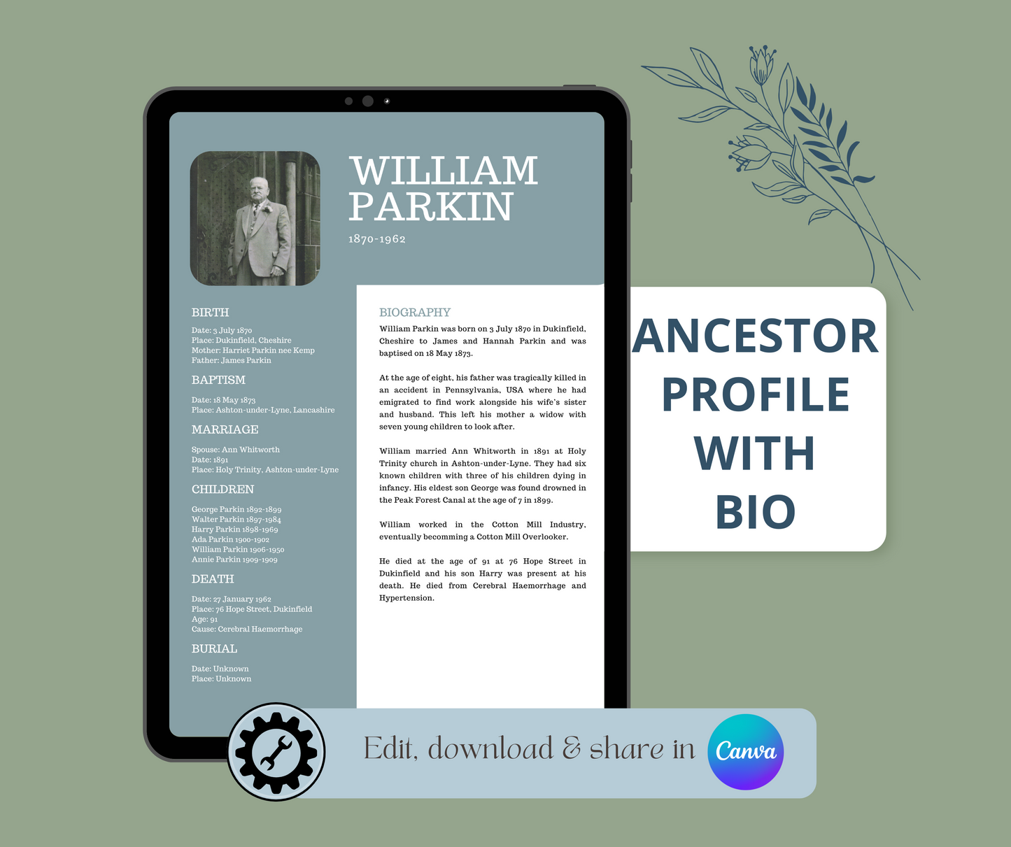 Ancestor Profile with Biography Template for Family History Organisation (CANVA)