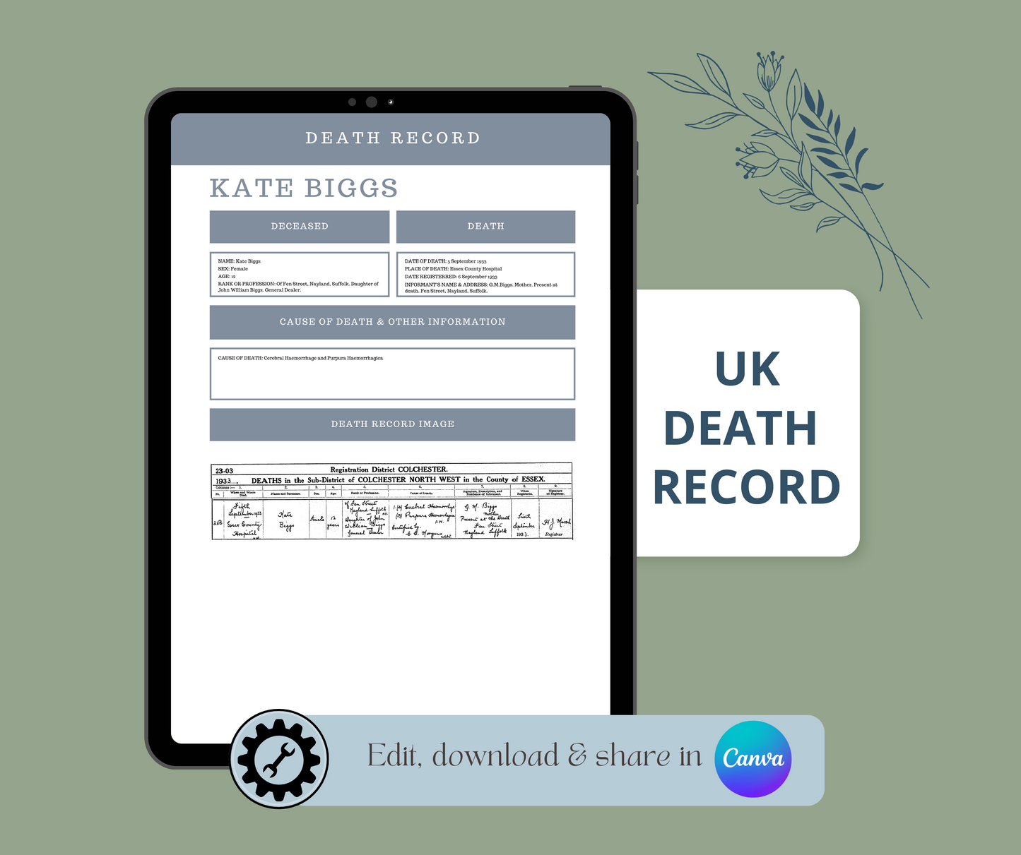 UK Death Record Template for Family History Organisation (CANVA)