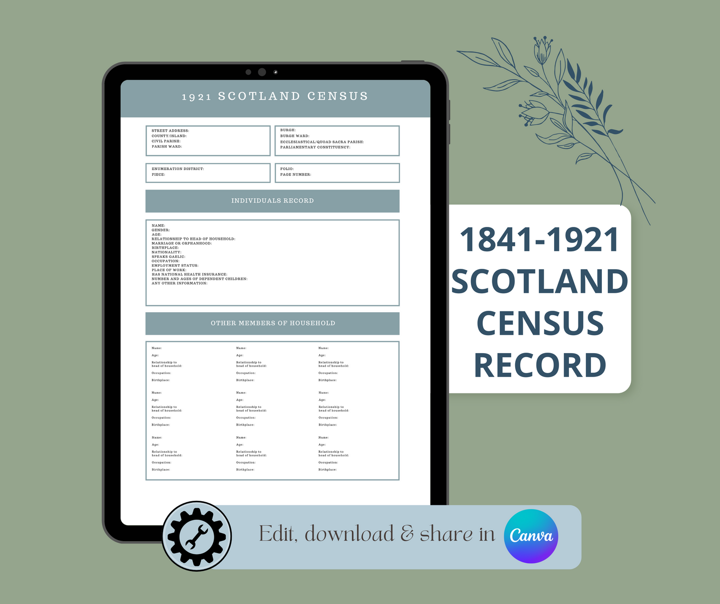 1841-1921 Scotland Census Record Template for Family History Organisation (CANVA)