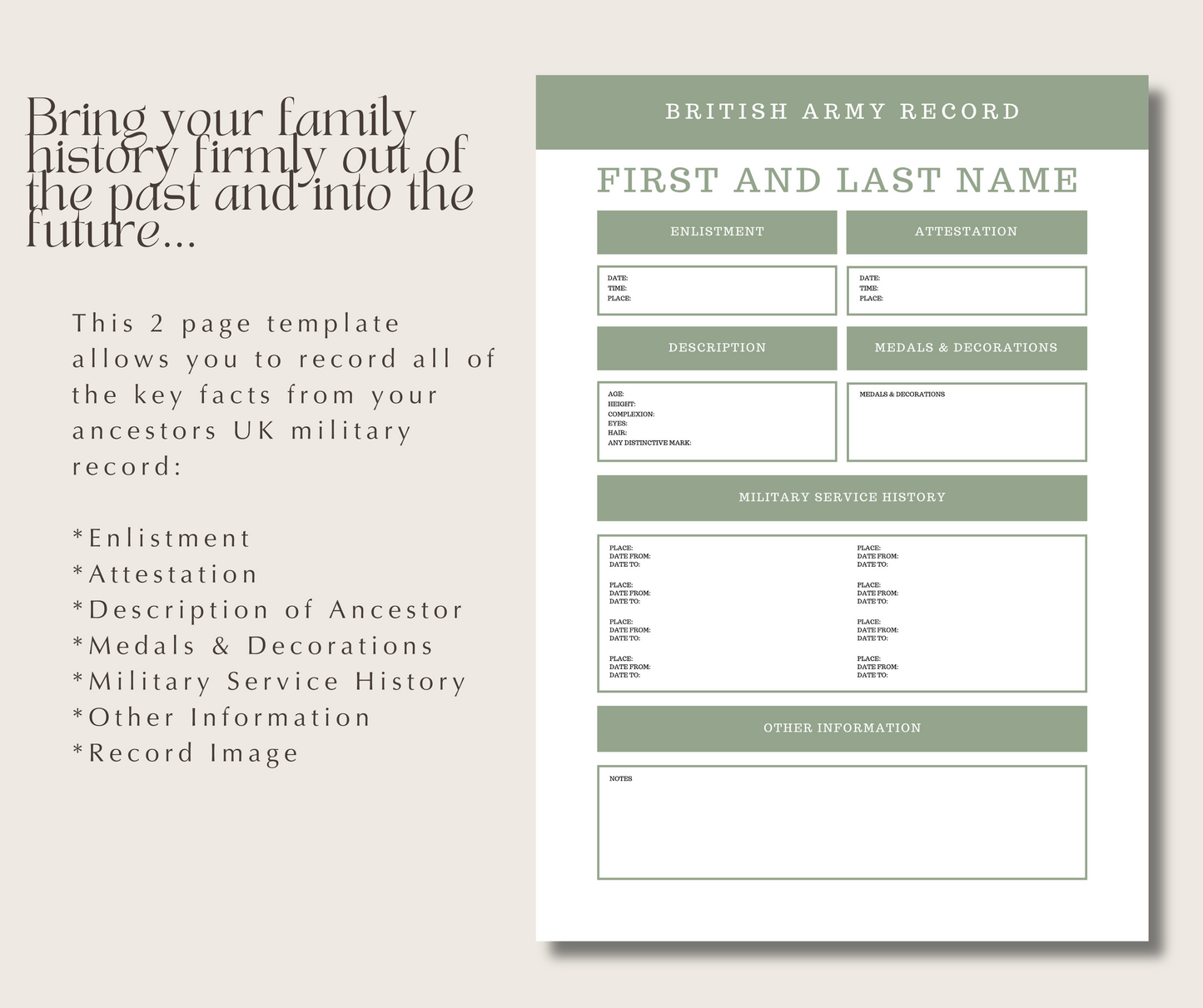 British Army Record Template for Family History Organisation (CANVA)