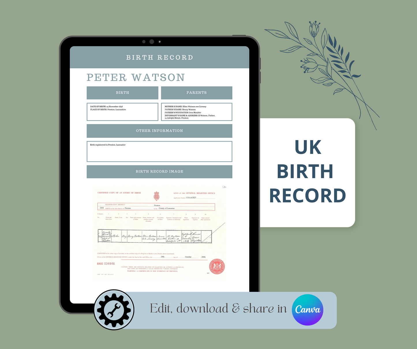 UK Birth Record Template for Family History Organisation (CANVA)