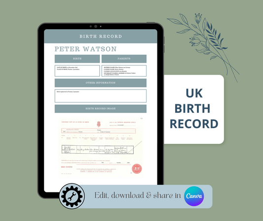UK Birth Record Template for Family History Organisation (CANVA)