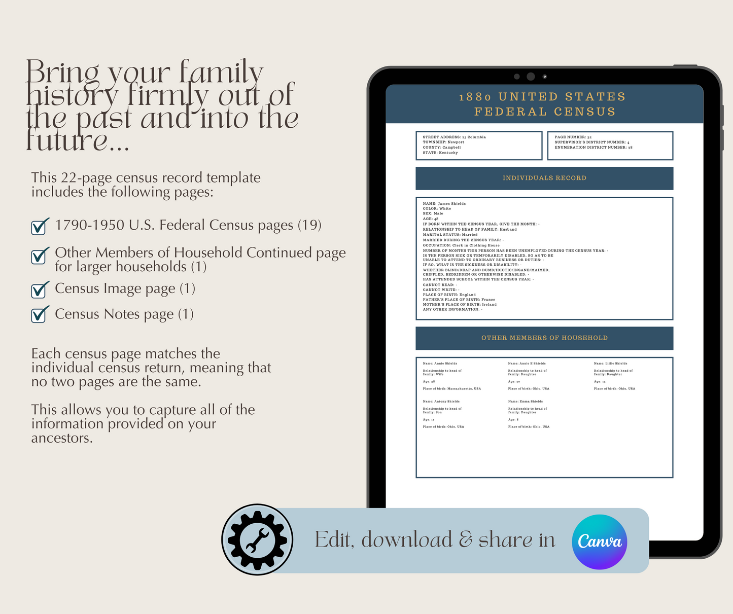 1790-1950 USA Federal Census Record Template for Family History Organisation (CANVA)