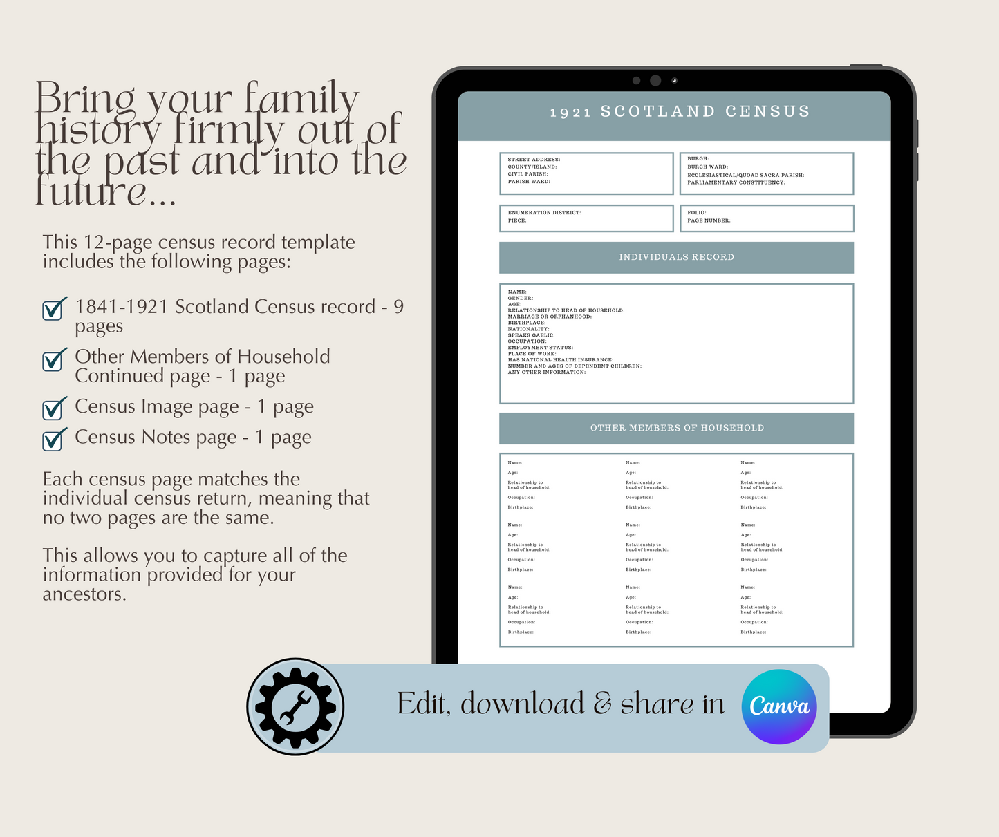 1841-1921 Scotland Census Record Template for Family History Organisation (CANVA)
