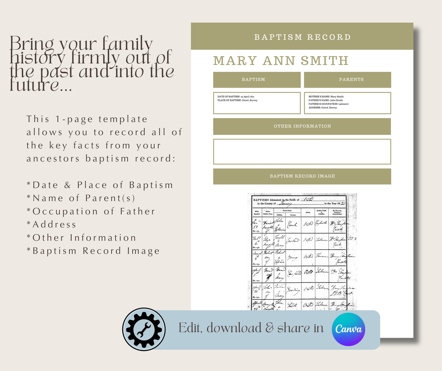 UK Baptism Record Template for Family History Organisation (CANVA)