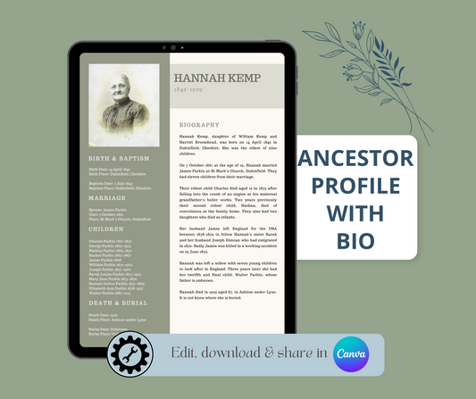 Ancestor Profile with Biography Template for Family History Organisation (CANVA)