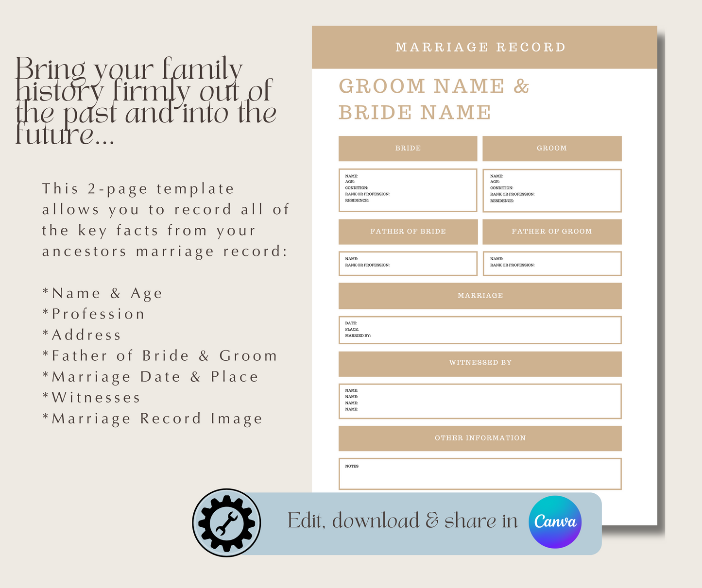 UK Marriage Record Template for Family History Organisation (CANVA)