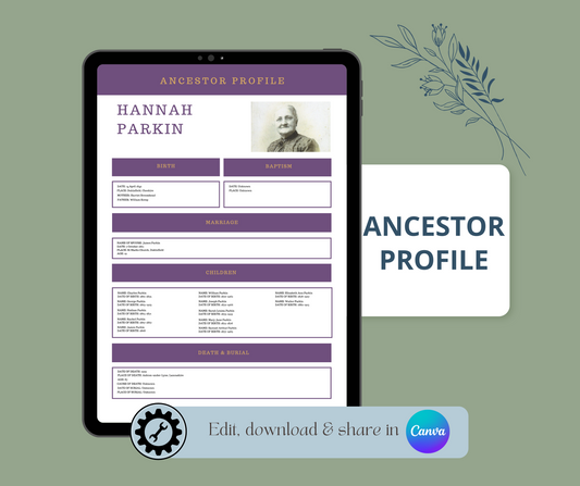 Ancestor Profile Template for Family History Organisation (CANVA)