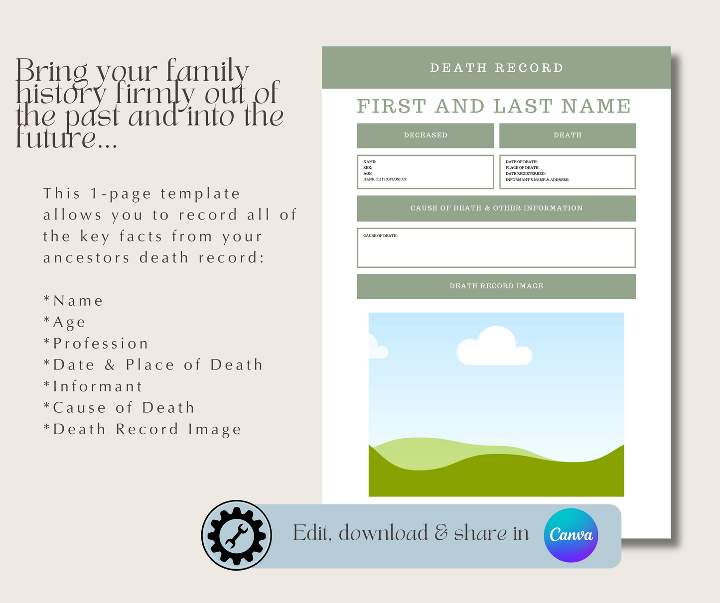 UK Death Record Template for Family History Organisation (CANVA)