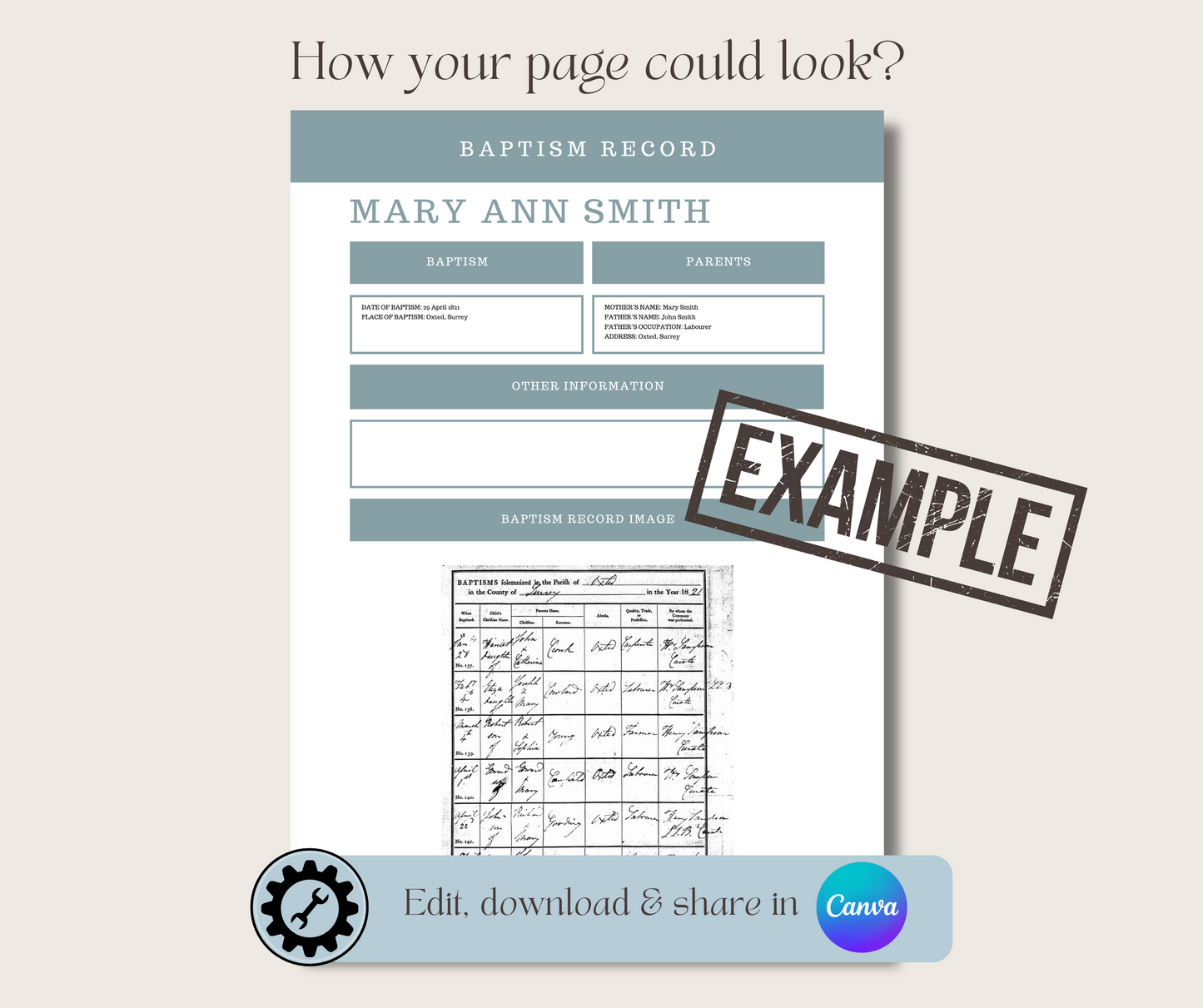 UK Baptism Record Template for Family History Organisation (CANVA)