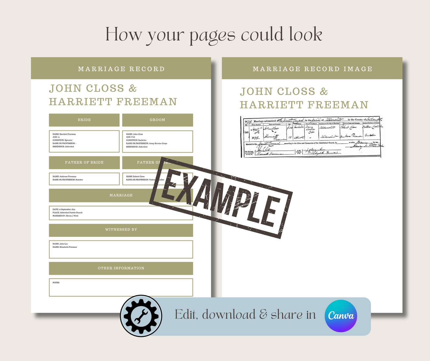 UK Marriage Record Template for Family History Organisation (CANVA)
