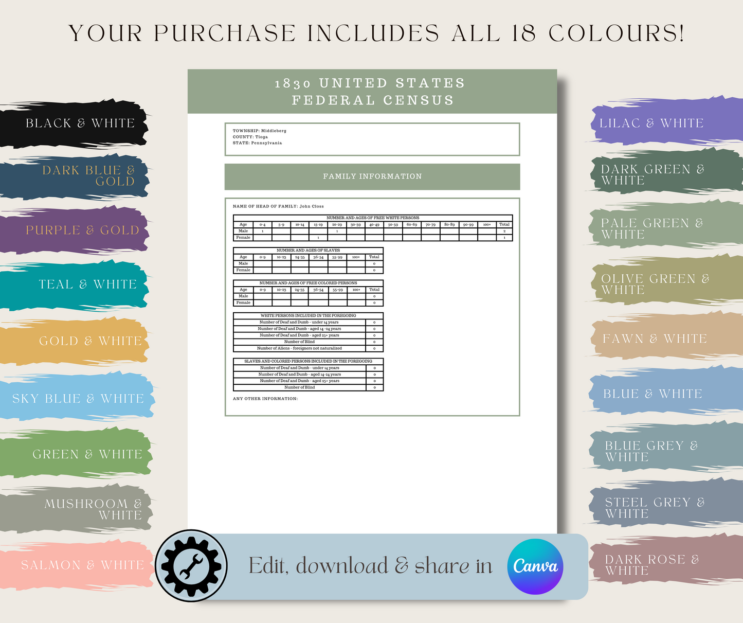 1790-1950 USA Federal Census Record Template for Family History Organisation (CANVA)
