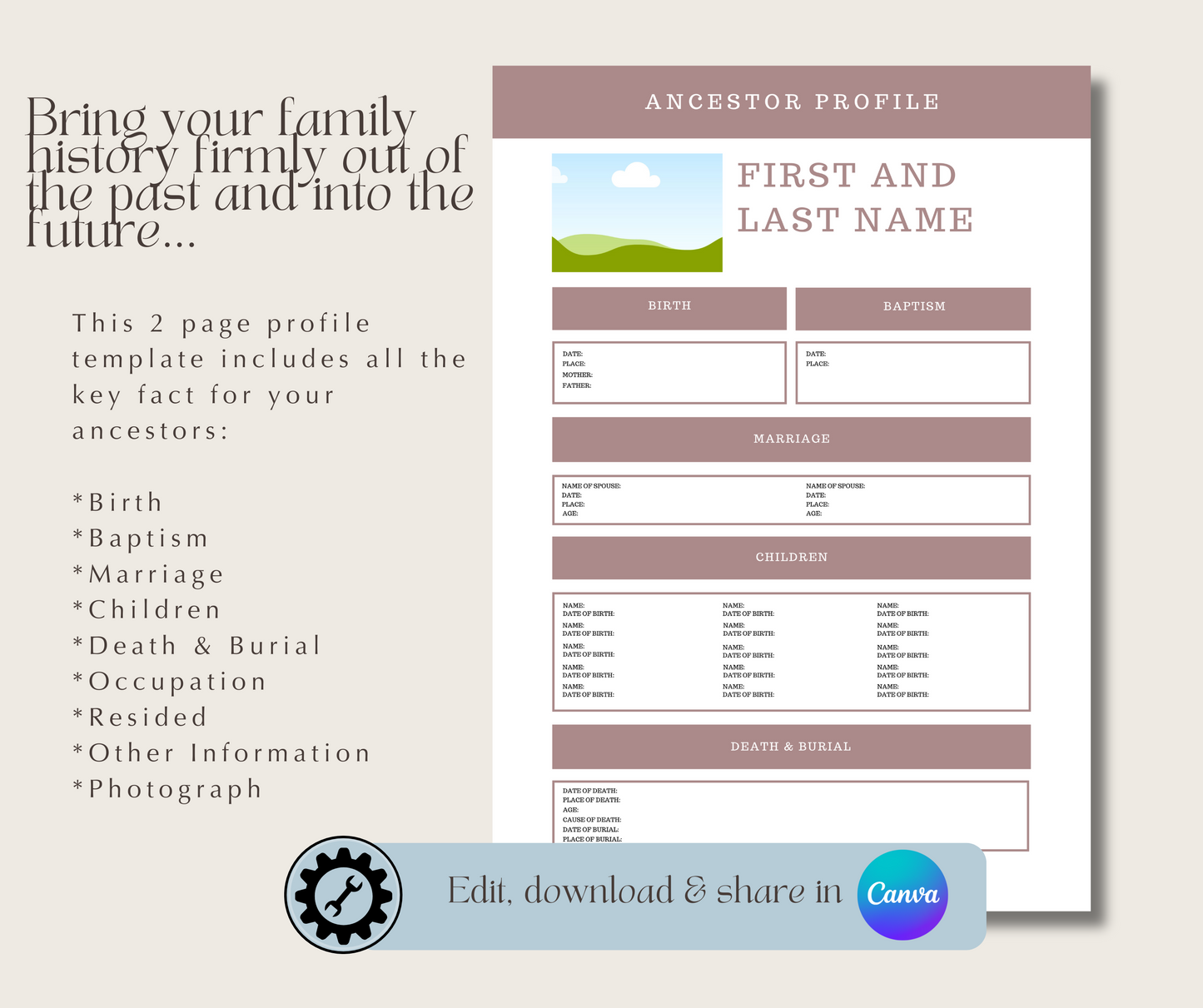 Ancestor Profile Template for Family History Organisation (CANVA)