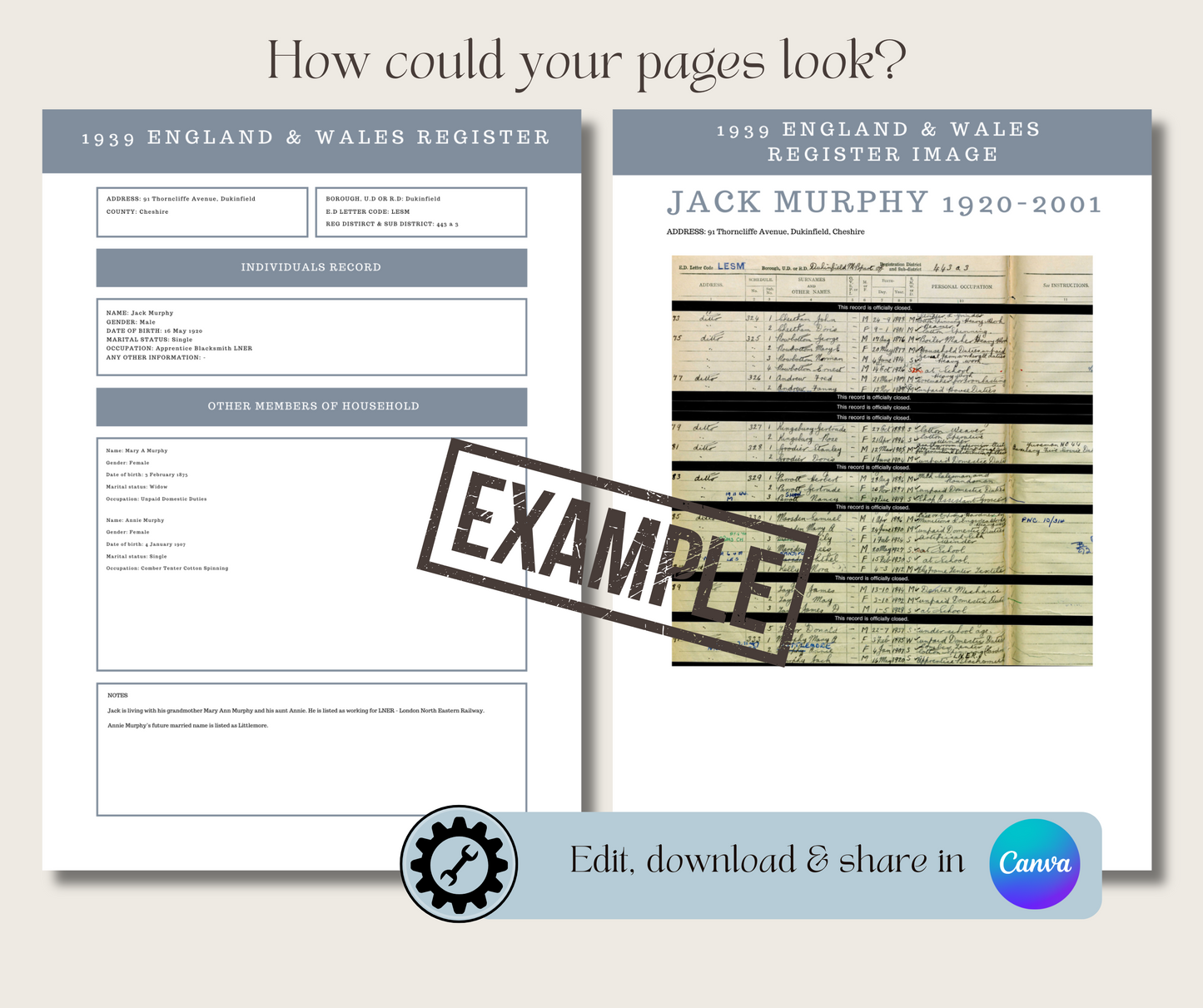 1939 England & Wales Register Record Template for Family History Organisation (CANVA)
