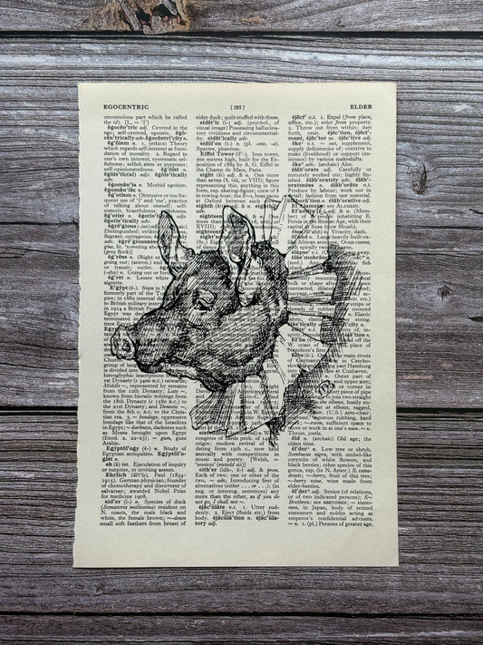 Antique Pig in Ruffles Dictionary Page Wall Art | Dark Cottagecore Gothic Print
