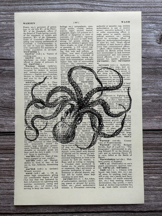 Antique Octopus Dictionary Page Wall Art | Dark Cottagecore Gothic Print